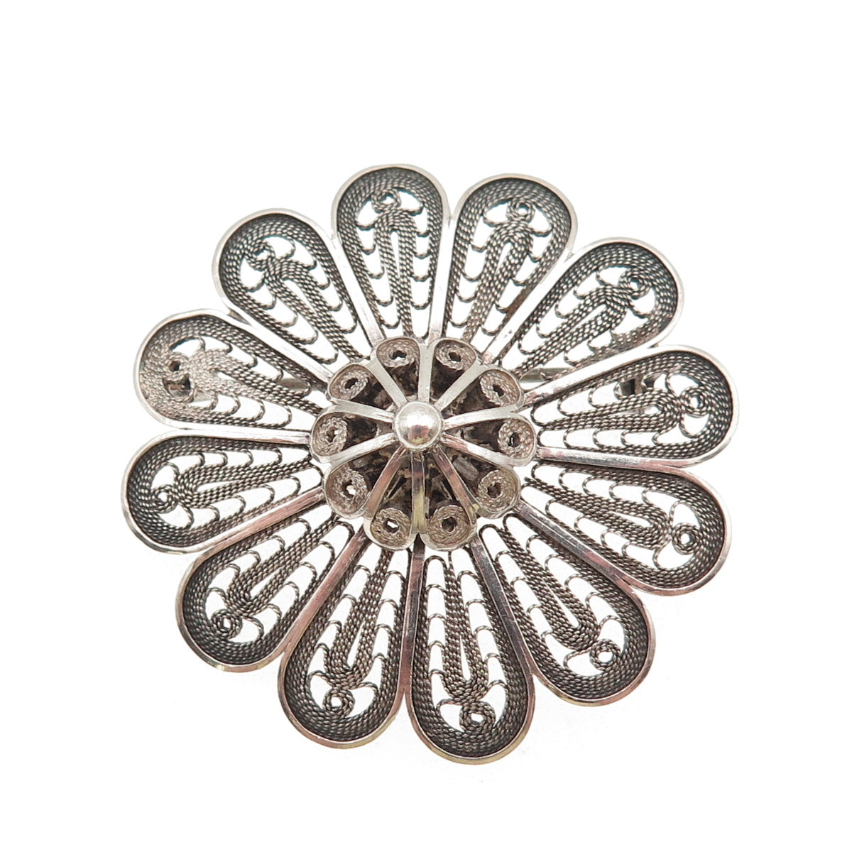 925 Sterling Silver Vintage Israel Floral Filigree Oxidized Handmade Pin Brooch