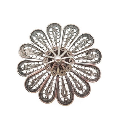 925 Sterling Silver Vintage Israel Floral Filigree Oxidized Handmade Pin Brooch