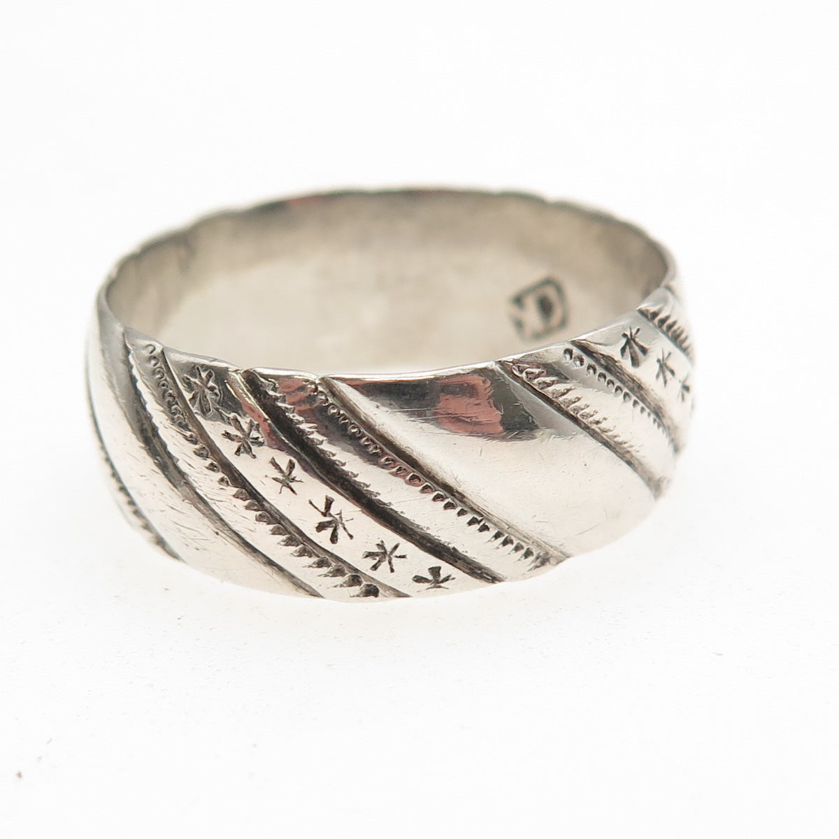 925 Sterling Silver Vintage Modernist Ribbed Oxidized Band Ring Size 13.5