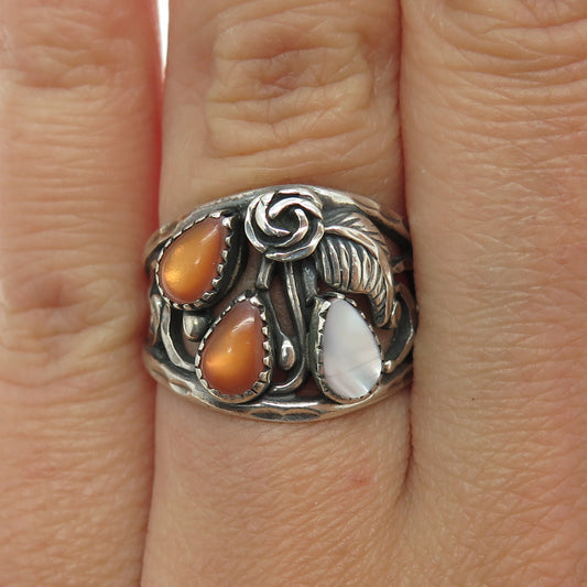 Old Pawn 925 Sterling Silver Vintage Mother-of-Pearl & Coral Rose Ring Size 7