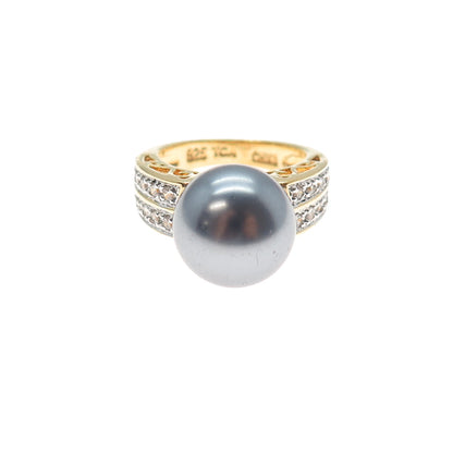 925 Sterling Silver Gold Plated Faux Pearl & C Z Ring Size 6