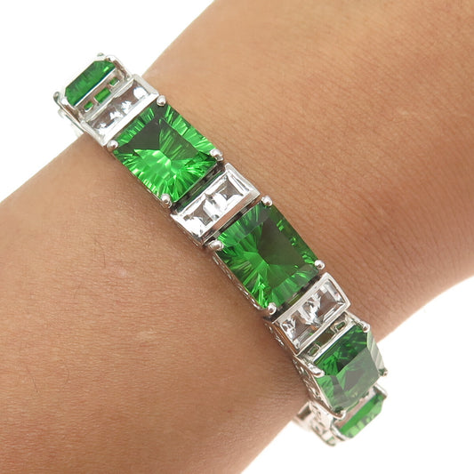 CHUCK CLEMENCY 925 Sterling Silver Green Glass & C Z Panel Link Bracelet 7.5"