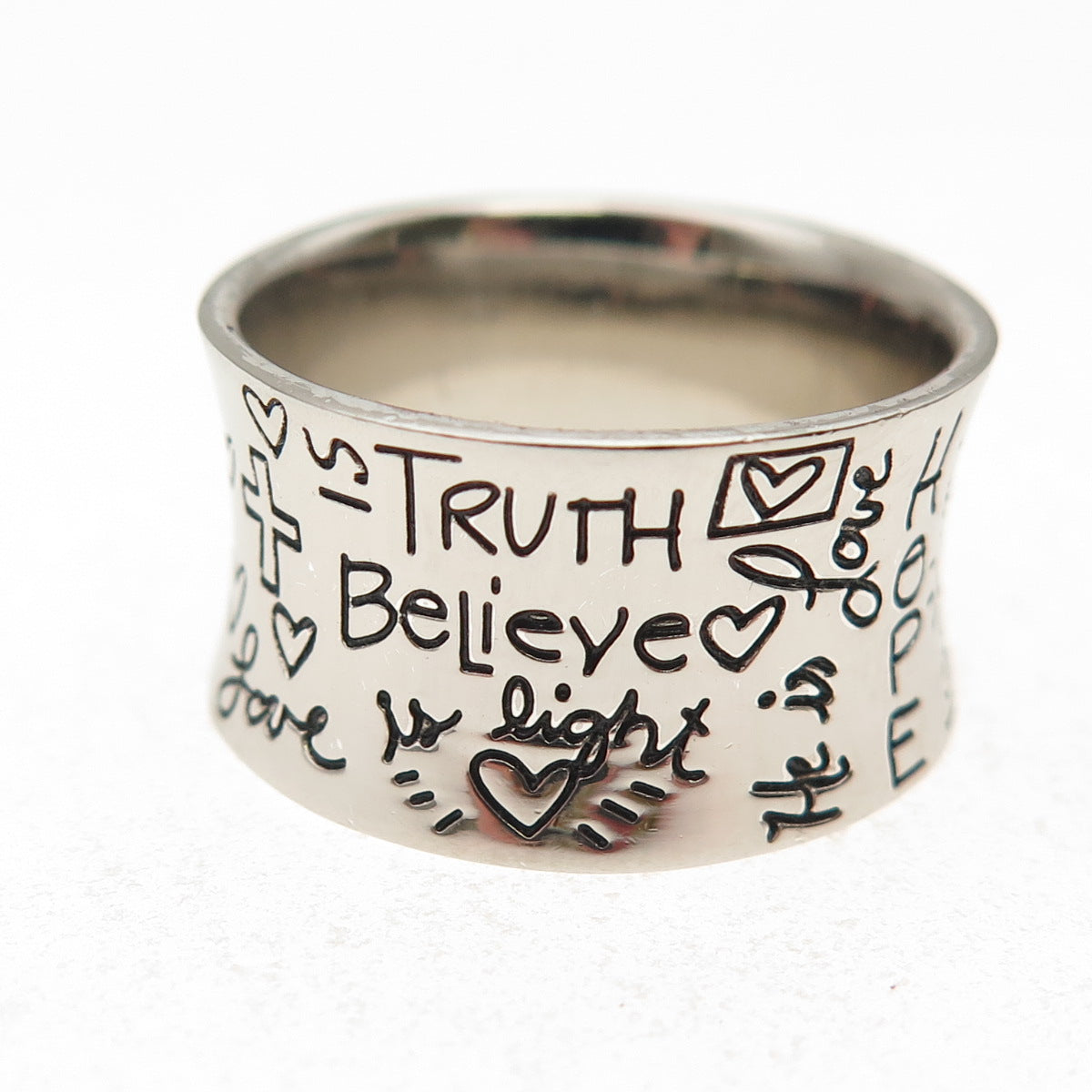 925 Sterling Silver Faith Truth Believe Hope Love is Light Ring Size 7.25