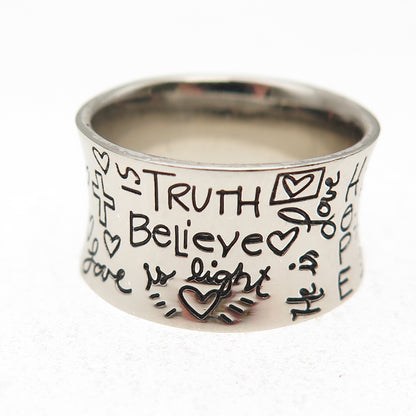 925 Sterling Silver Faith Truth Believe Hope Love is Light Ring Size 7.25
