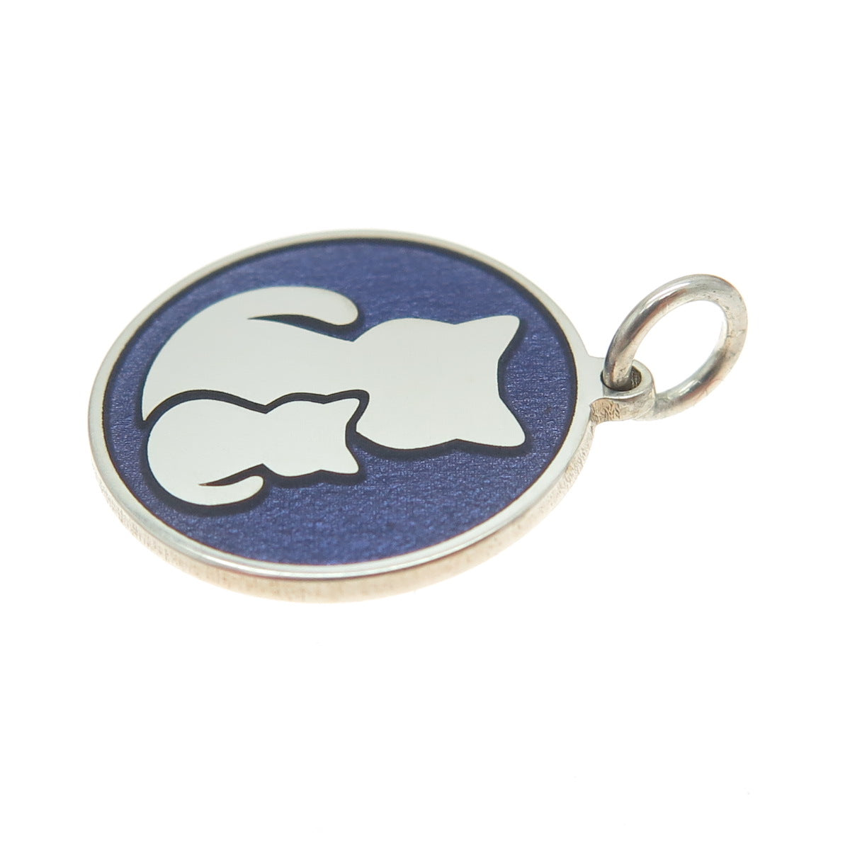 925 Sterling Silver Purple Enamel Cat Mom & Child Round Minimalist Charm Pendant