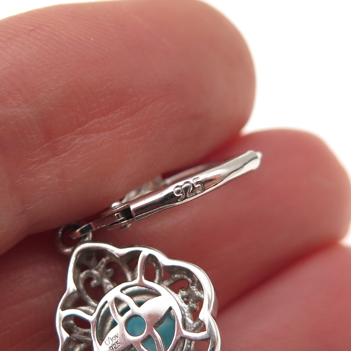 D'Joy 925 Sterling Silver 2-Tone Real Tyrone Turquoise Floral Dangle Earrings