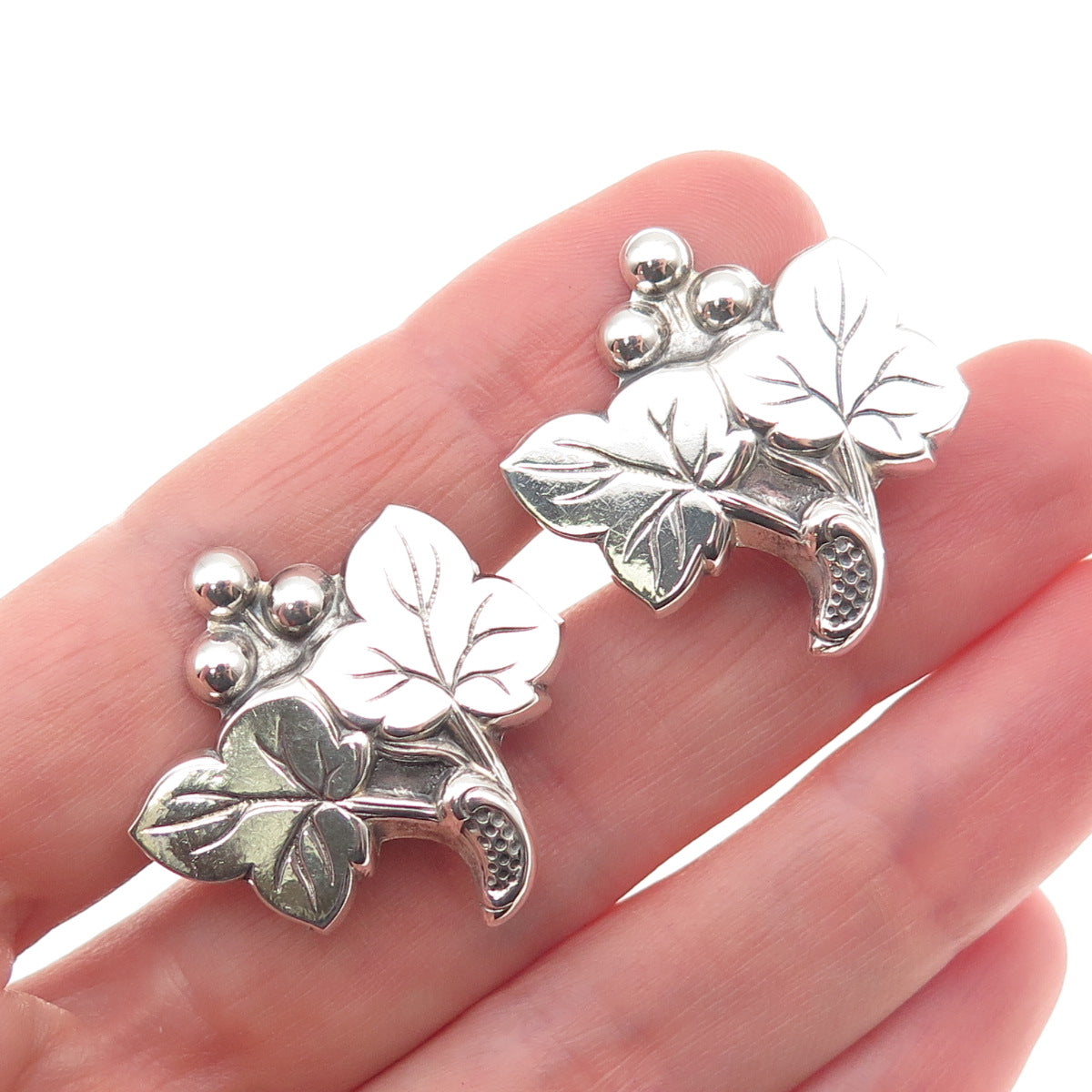 925 Sterling Silver Antique Art Deco Floral Oxidized Screw Back Earrings