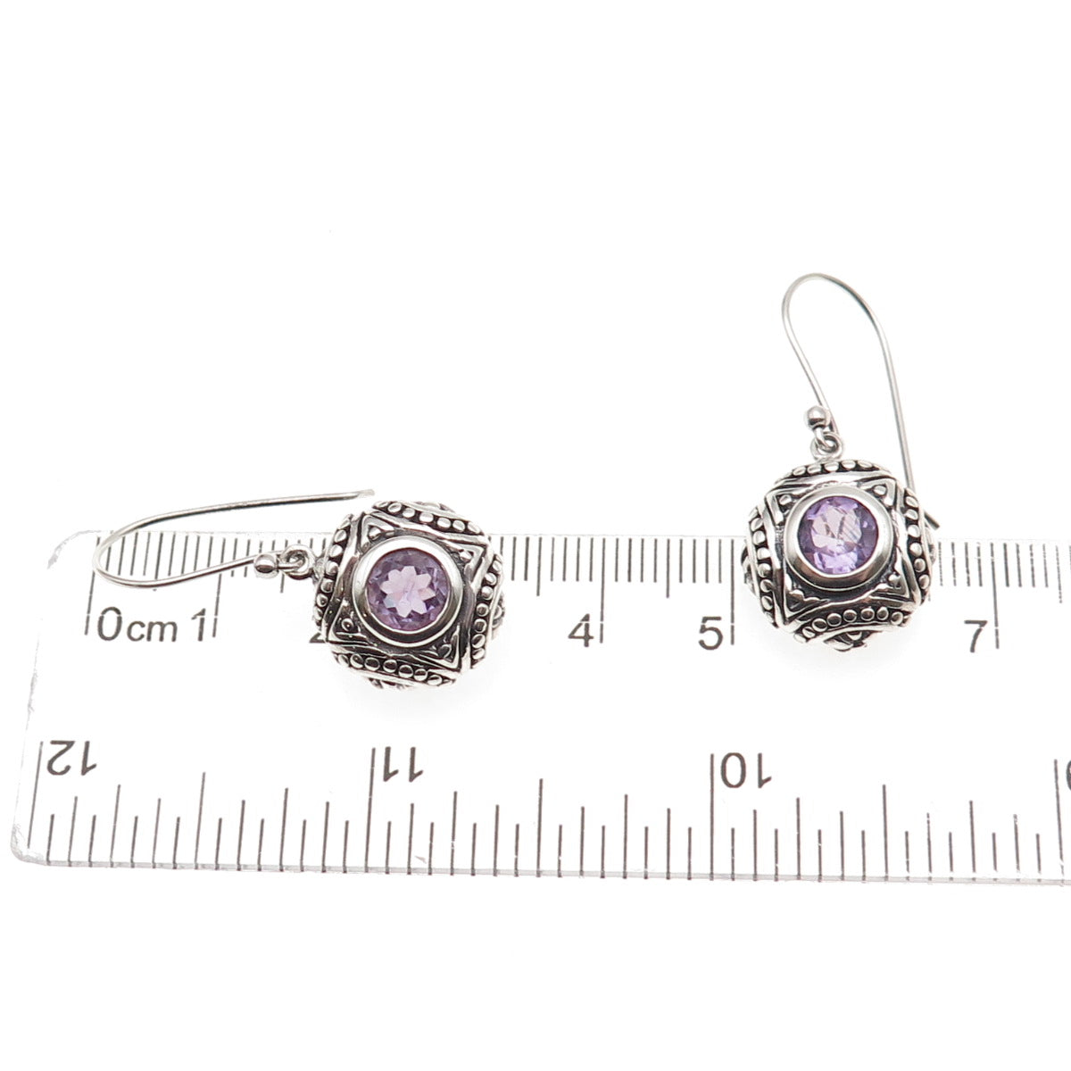 925 Sterling Silver Vintage Real Amethyst Dotted Oxidized Dangle Earrings