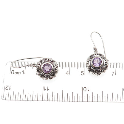 925 Sterling Silver Vintage Real Amethyst Dotted Oxidized Dangle Earrings