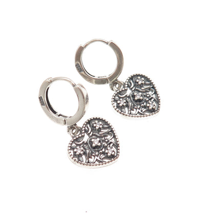 925 Sterling Silver Vintage Round-Cut C Z Heart Dangle Charm Hoop Earrings