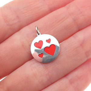 925 Sterling Silver Red Enamel Family Heart Round Tag Mini Charm Pendant