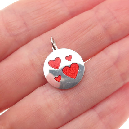 925 Sterling Silver Red Enamel Family Heart Round Tag Mini Charm Pendant