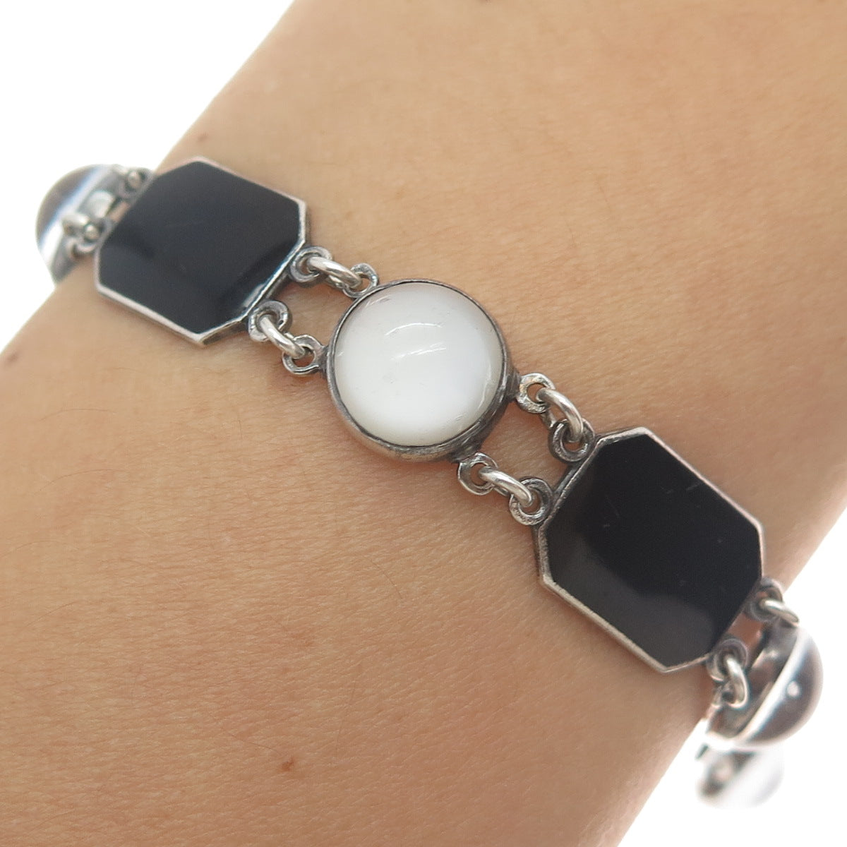 925 Sterling Silver Antique Real Opalite & Enamel Bracelet 7.75" (repair)