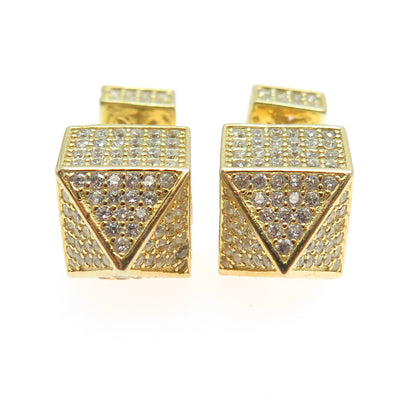 925 Sterling Silver Gold Plated Round-Cut C Z Pyramid Earrings