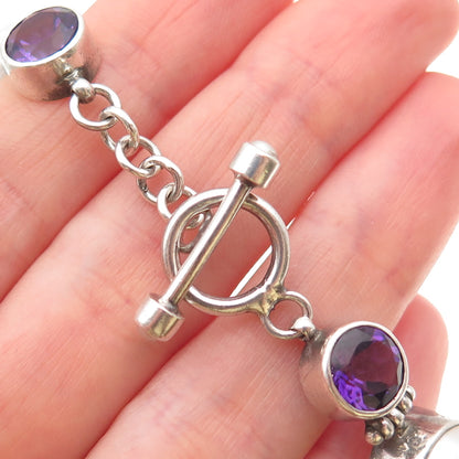 925 Sterling Silver Vintage Real Pearl & Amethyst Modernist Bracelet 7"