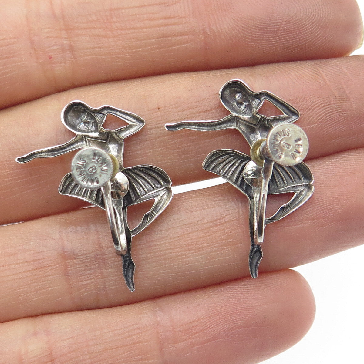 BEAU 925 Sterling Silver Antique Art Deco Ballerina Screw Back Oxidized Earrings
