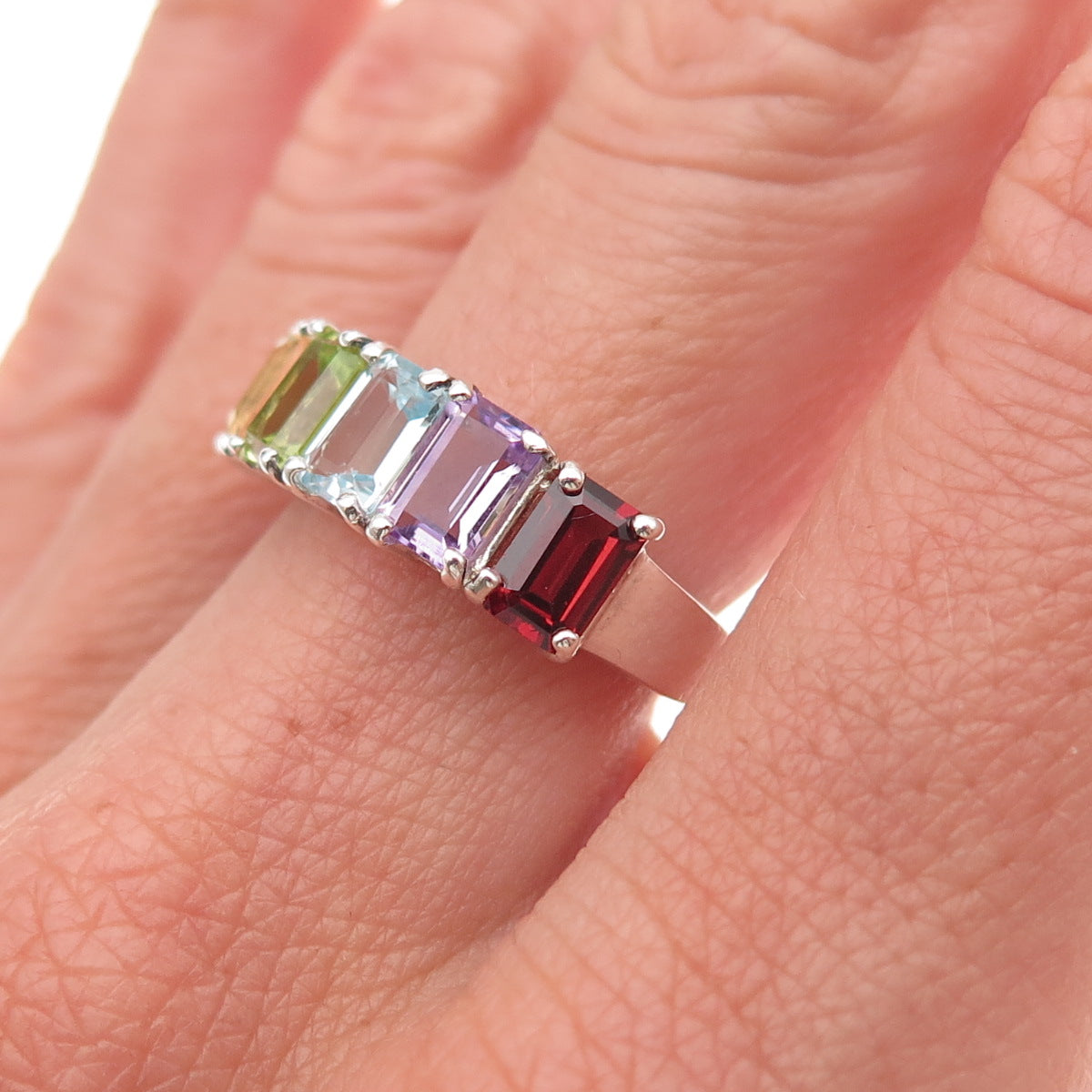 925 Sterling Silver Vintage Topaz Amethyst Citrine Peridot Garnet Ring Size 7.25