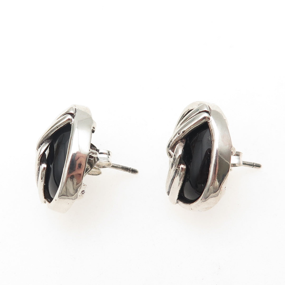 925 Sterling Silver Vintage Real Black Onyx Modernist Twisted Earrings