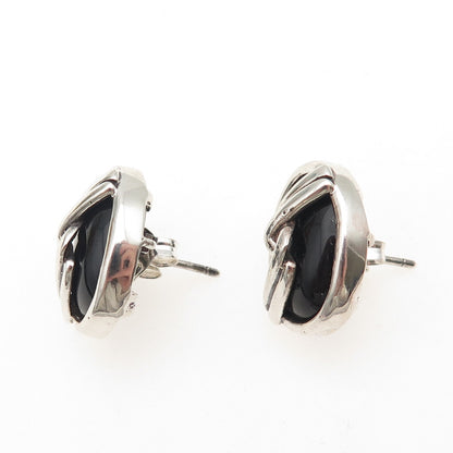 925 Sterling Silver Vintage Real Black Onyx Modernist Twisted Earrings