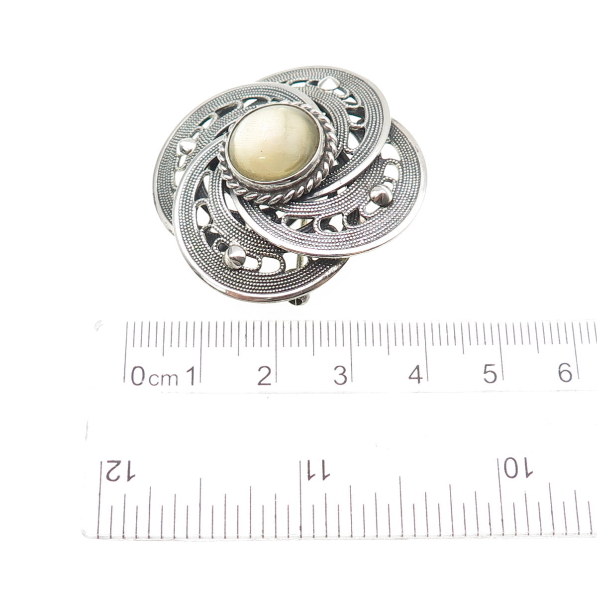 MIRAJ 925 Sterling Silver Vintage Glass Modernist Flower Oxidized Pin Brooch