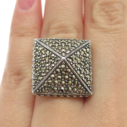 925 Sterling Silver Vintage Real Marcasite Pyramid Statement Ring Size 6