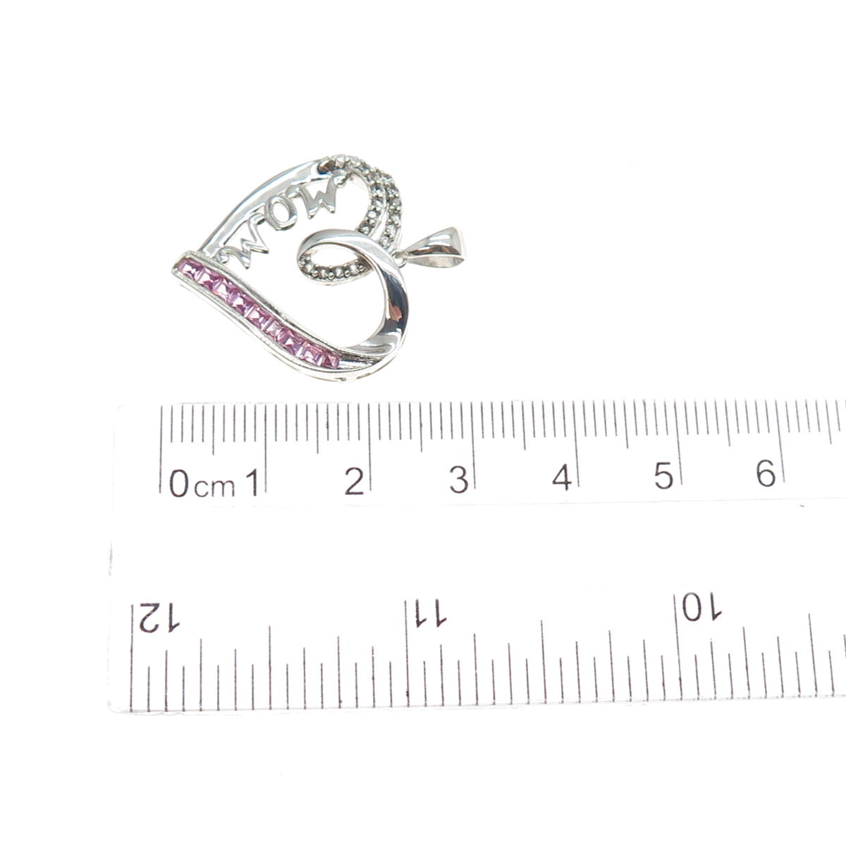 SUN 925 Sterling Silver Real Pink Sapphire & White Topaz Mom Heart Pendant