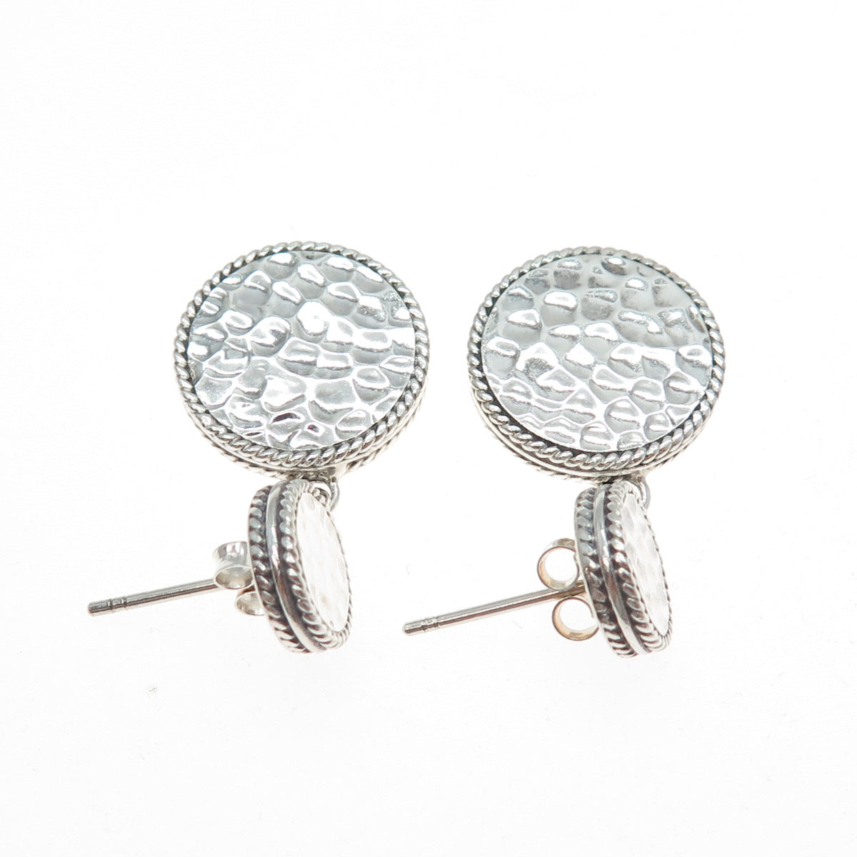 925 Sterling Silver Vintage Modernist Hammered Disc Dangle Earrings