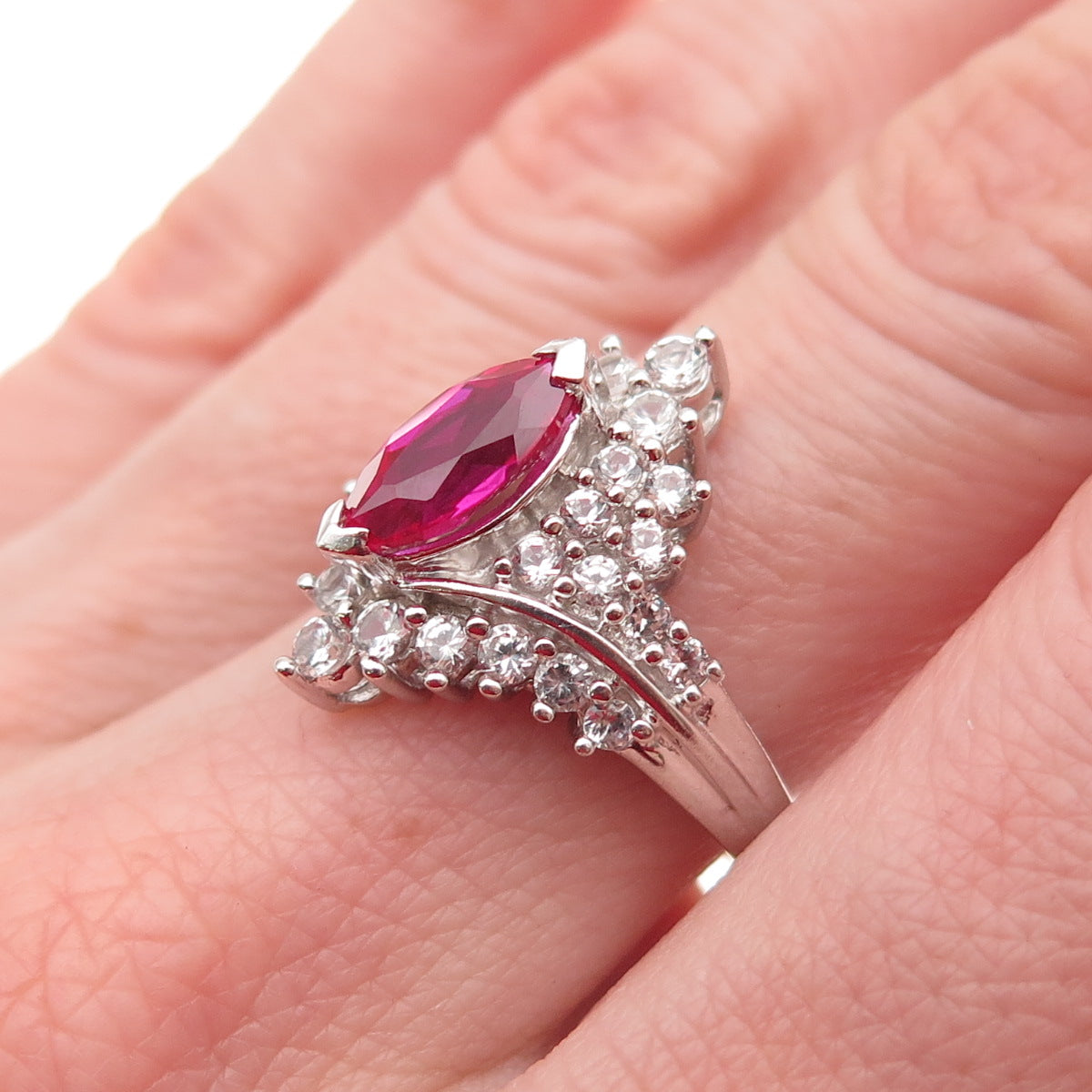 JH Young 925 Sterling Silver Lab-Created Ruby Real White Topaz Ring Size 7