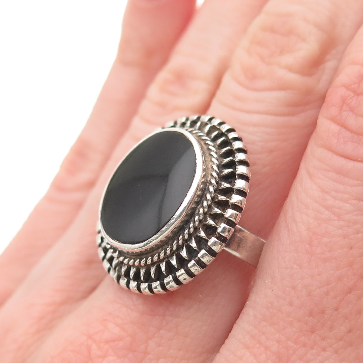 925 Sterling Silver Vintage Real Black Onyx Modernist Oxidized Ring Size 8.75