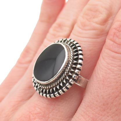 925 Sterling Silver Vintage Real Black Onyx Modernist Oxidized Ring Size 8.75