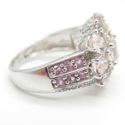 925 Sterling Silver Real Diamond Pink Sapphire & Morganite Cluster Ring Size 5