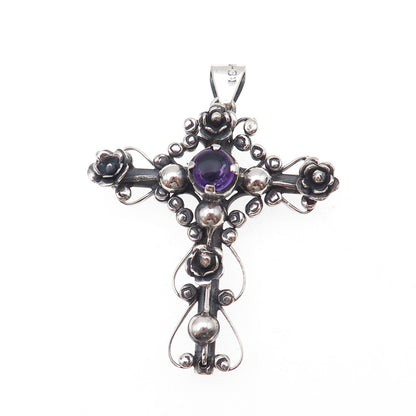 Los Ballesteros 925 Sterling Silver Vintage Mexico Real Amethyst Cross Pendant