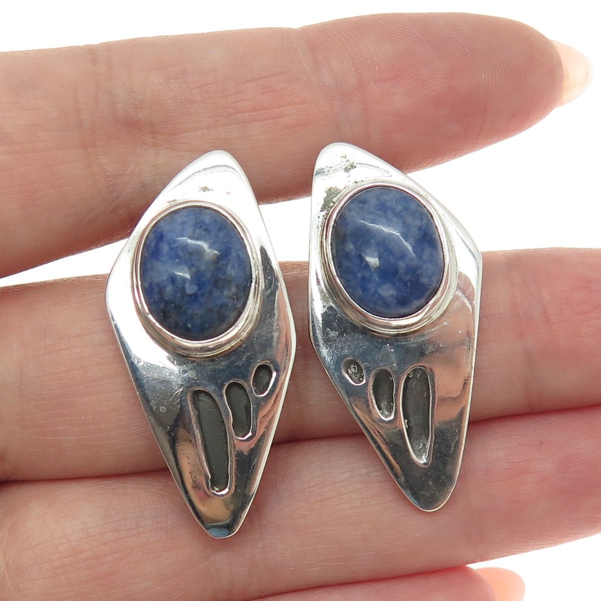 KEN GASTINEAU 925 Sterling Silver Vintage Real Sodalite Modernist Earrings