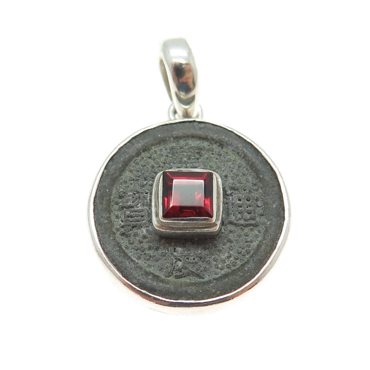 SAJEN 925 Sterling Silver Vintage Red Garnet Gemstone Chinese Coin Pendant