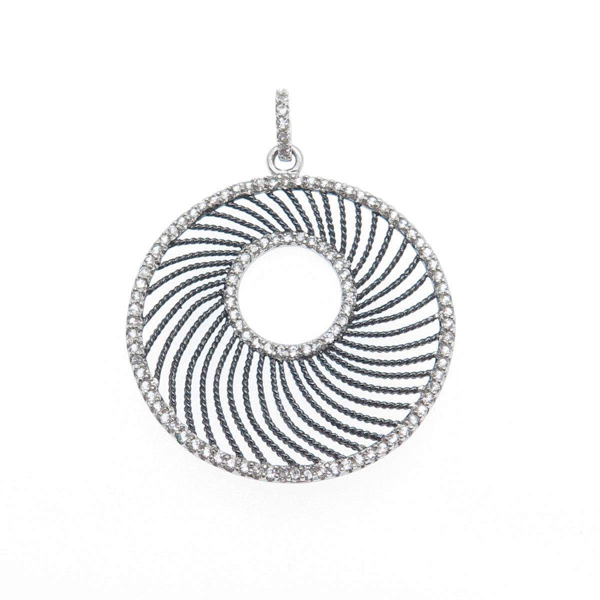 GSJ GOLD STONE 925 Sterling Silver Black Rhodium Real White Topaz Disc Pendant