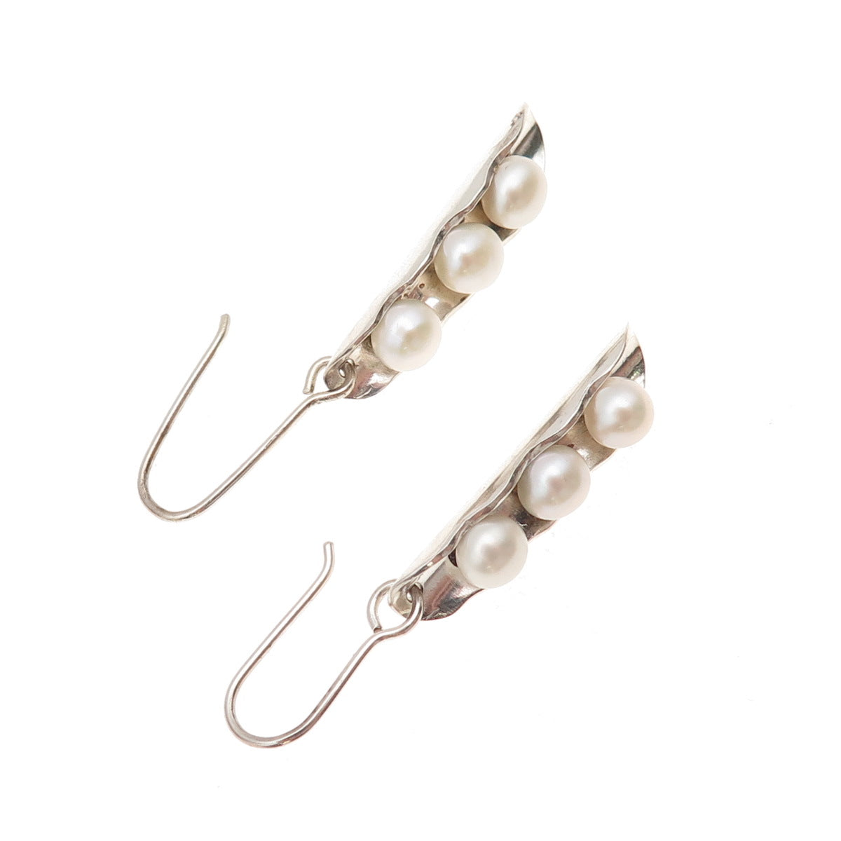 950 Silver Vintage Real Pearl Modernist Peapod Dangle Earrings
