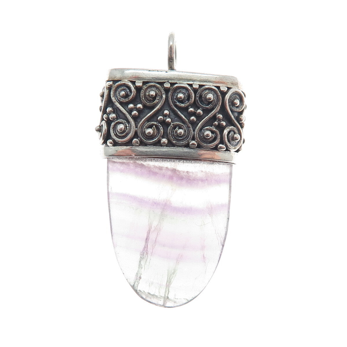 925 Sterling Silver Vintage Purple Green Fluorite Gem Swirl Amulet Pendant