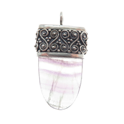 925 Sterling Silver Vintage Purple Green Fluorite Gem Swirl Amulet Pendant