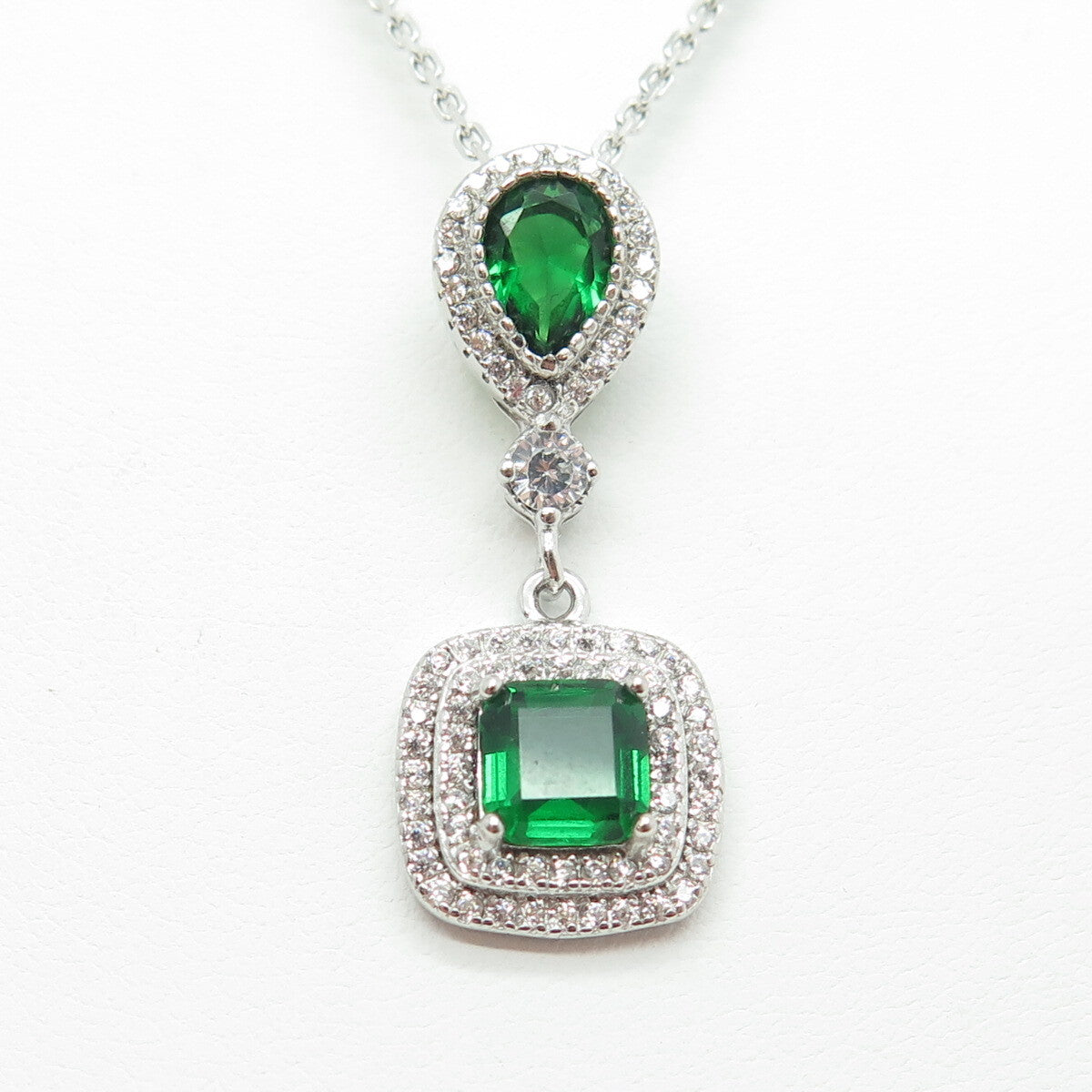 925 Sterling Silver Multi-Cut Green & White C Z Cable Chain Necklace 16"