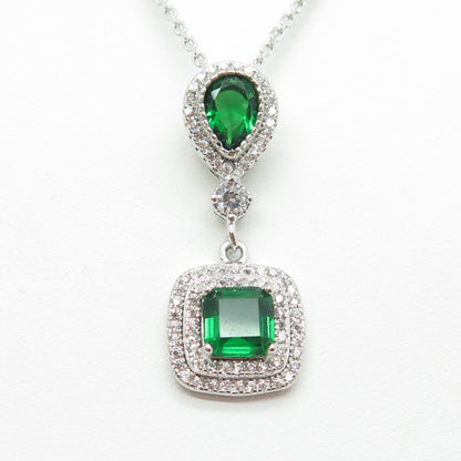 925 Sterling Silver Multi-Cut Green & White C Z Cable Chain Necklace 16"