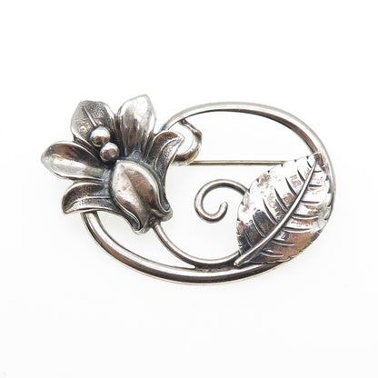 JEWELART 925 Sterling Silver Antique Art Deco Rose Flower Oxidized Pin Brooch