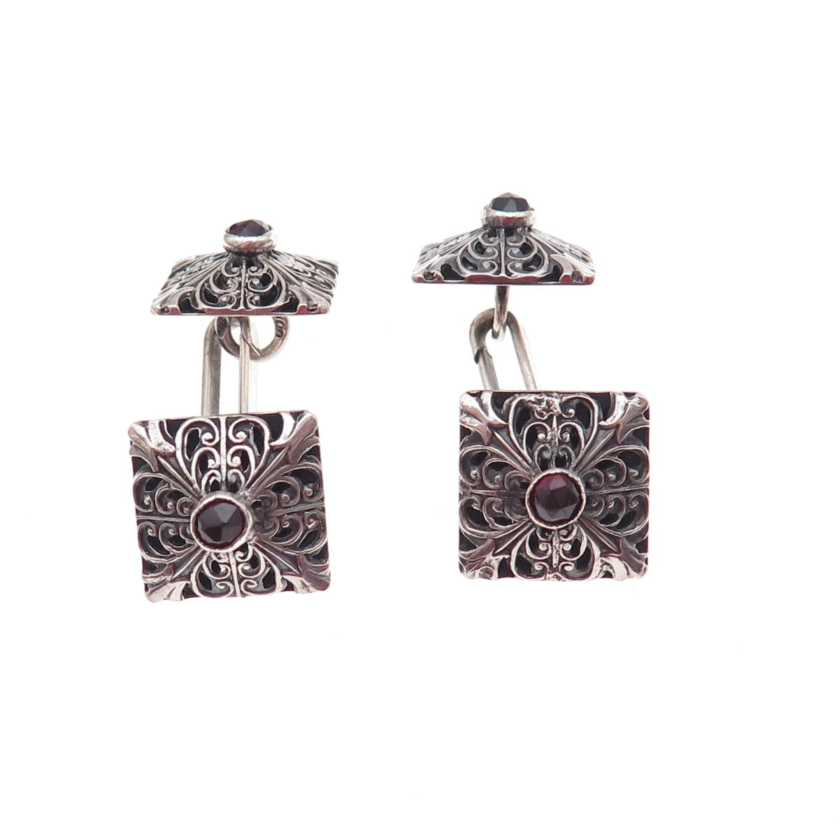 800 Silver Antique Art Deco Real Red Garnet Floral Oxidized Cufflinks
