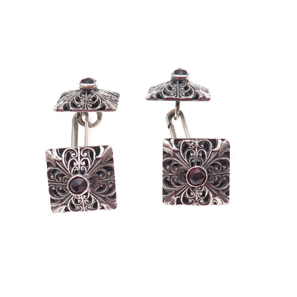 800 Silver Antique Art Deco Real Red Garnet Floral Oxidized Cufflinks