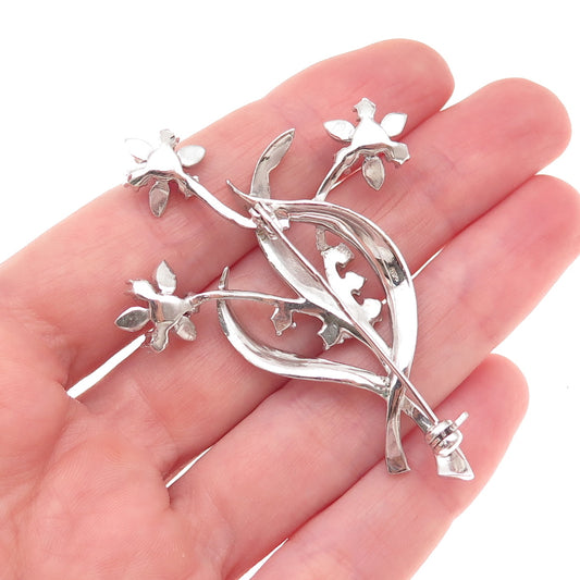 835 Silver Antique Art Deco Lab-Created Ruby & Real Marcasite Floral Pin Brooch