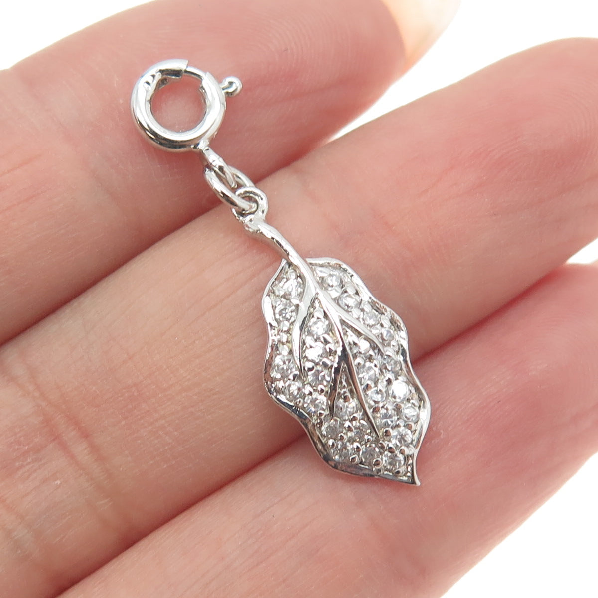 925 Sterling Silver Pave C Z Leaf Charm Pendant