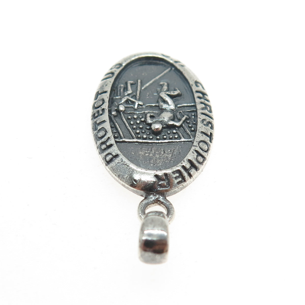 925 Sterling Silver Vintage St. Christopher Football Medal Oxidized Pendant