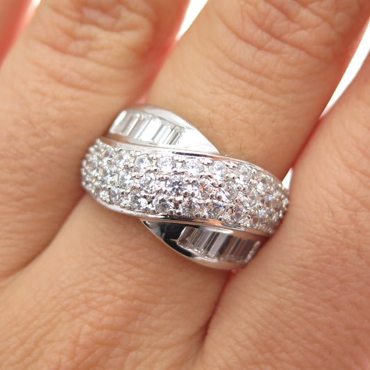 ROSS SIMONS Sterling Silver Emerald & Round-Cut C Z Crisscross Ring Size 7.25