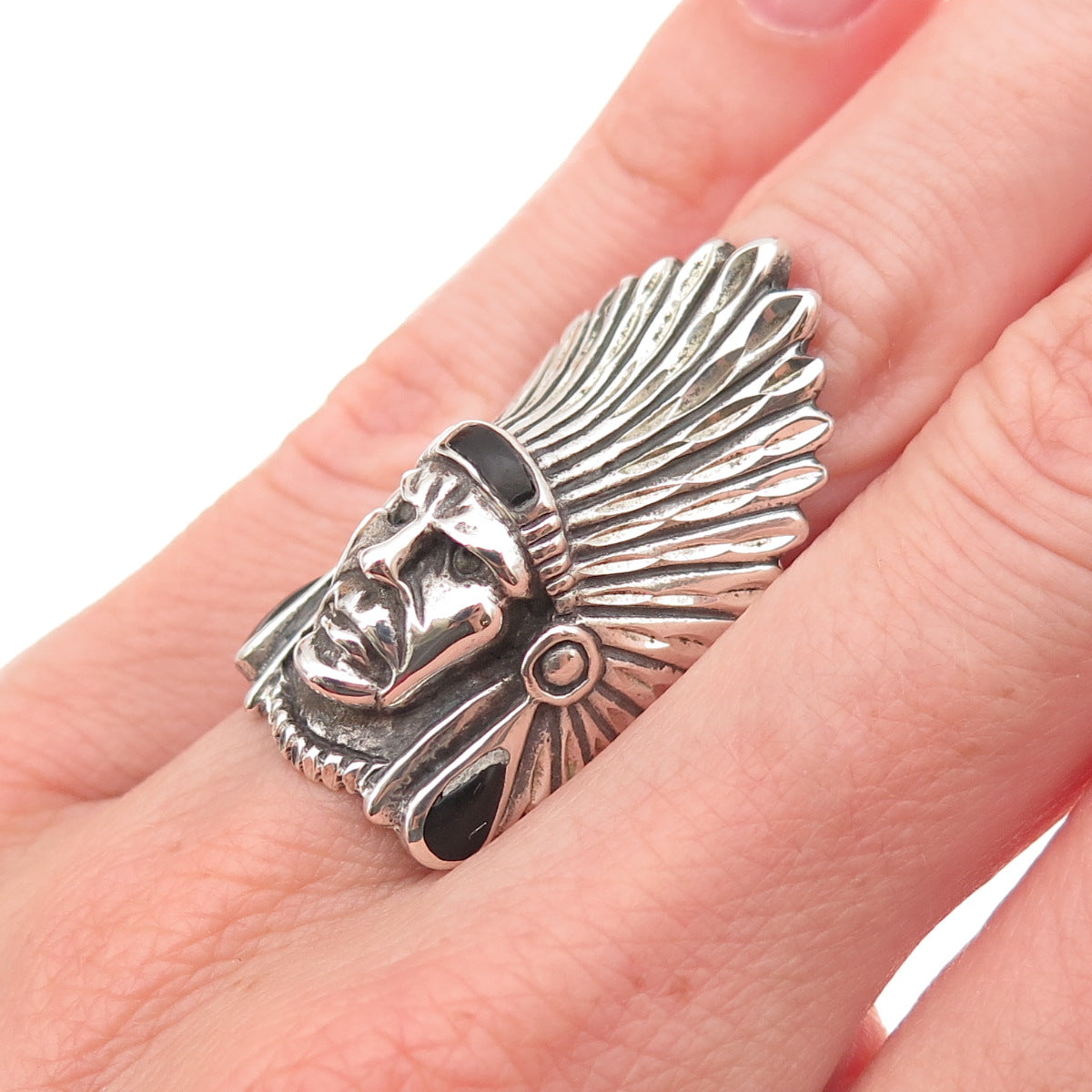 Ted Ott 925 Sterling Silver Vintage Real Black Onyx Indian Chief Ring Size 5.75