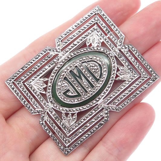 BENKAY 925 Sterling Silver Vintage Real Jade Marcasite JMD Monogram Brooch #207