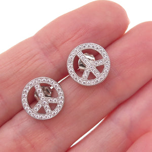 925 Sterling Silver Round-Cut C Z Peace Symbol Stud Earrings